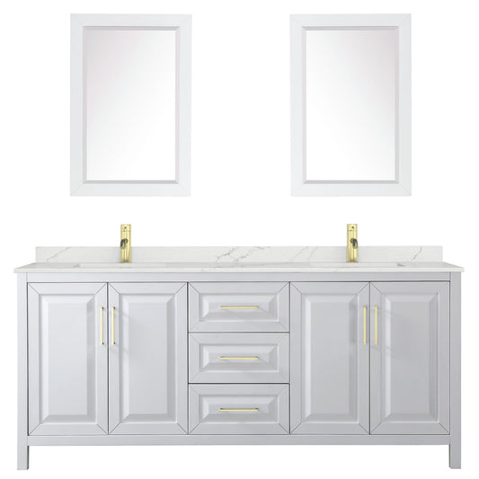 Wyndham Collection Daria 80" Double Bathroom Vanity in White, Giotto Quartz Countertop, Undermount Square Sinks (1-Hole), Brushed Gold Trim, 24" Mirrors