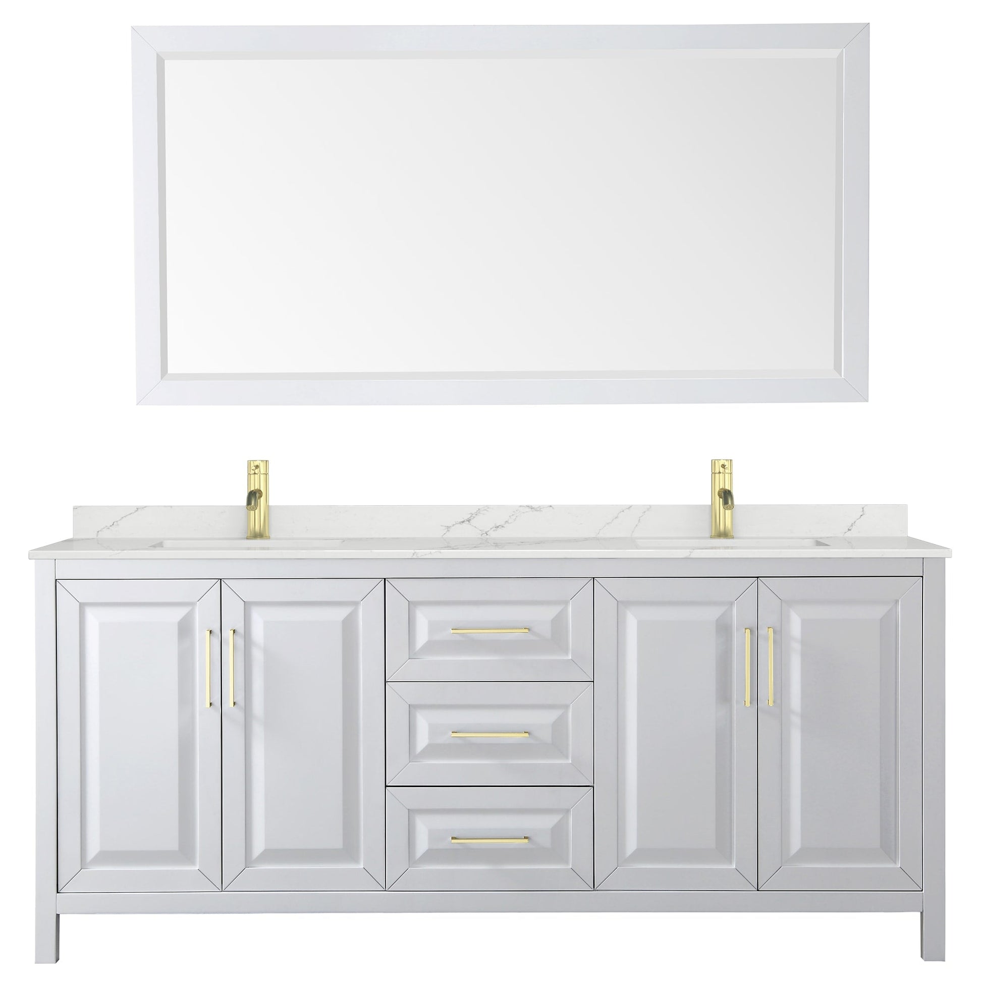 Wyndham Collection Daria 80" Double Bathroom Vanity in White, Giotto Quartz Countertop, Undermount Square Sinks (1-Hole), Brushed Gold Trim, 70" Mirror