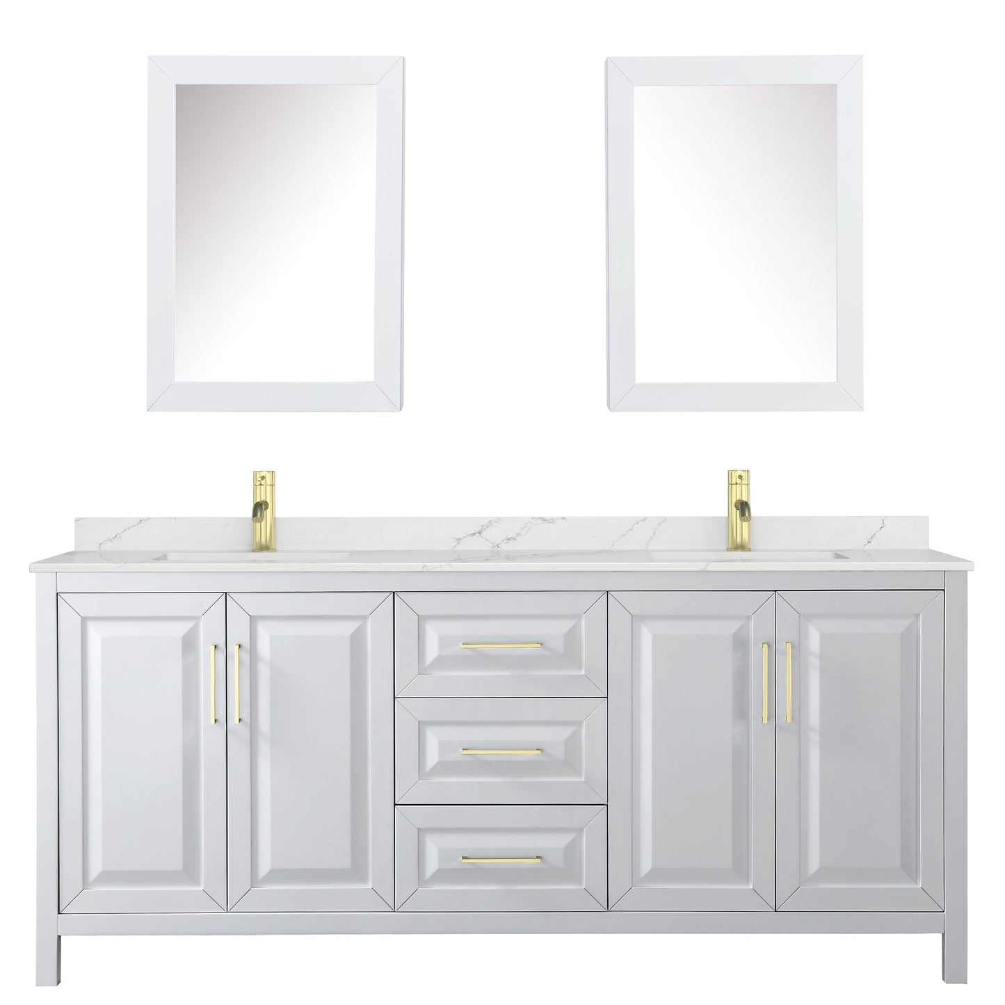 Wyndham Collection Daria 80" Double Bathroom Vanity in White, Giotto Quartz Countertop, Undermount Square Sinks (1-Hole), Brushed Gold Trim, Medicine Cabinets