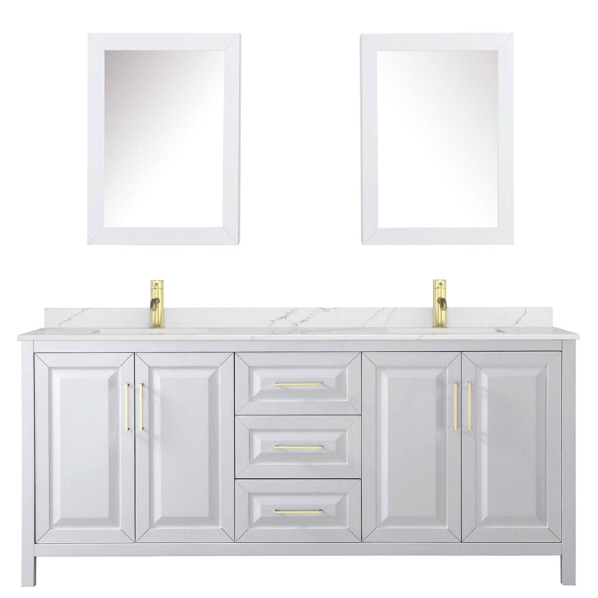 Wyndham Collection Daria 80" Double Bathroom Vanity in White, Giotto Quartz Countertop, Undermount Square Sinks (1-Hole), Brushed Gold Trim, Medicine Cabinets