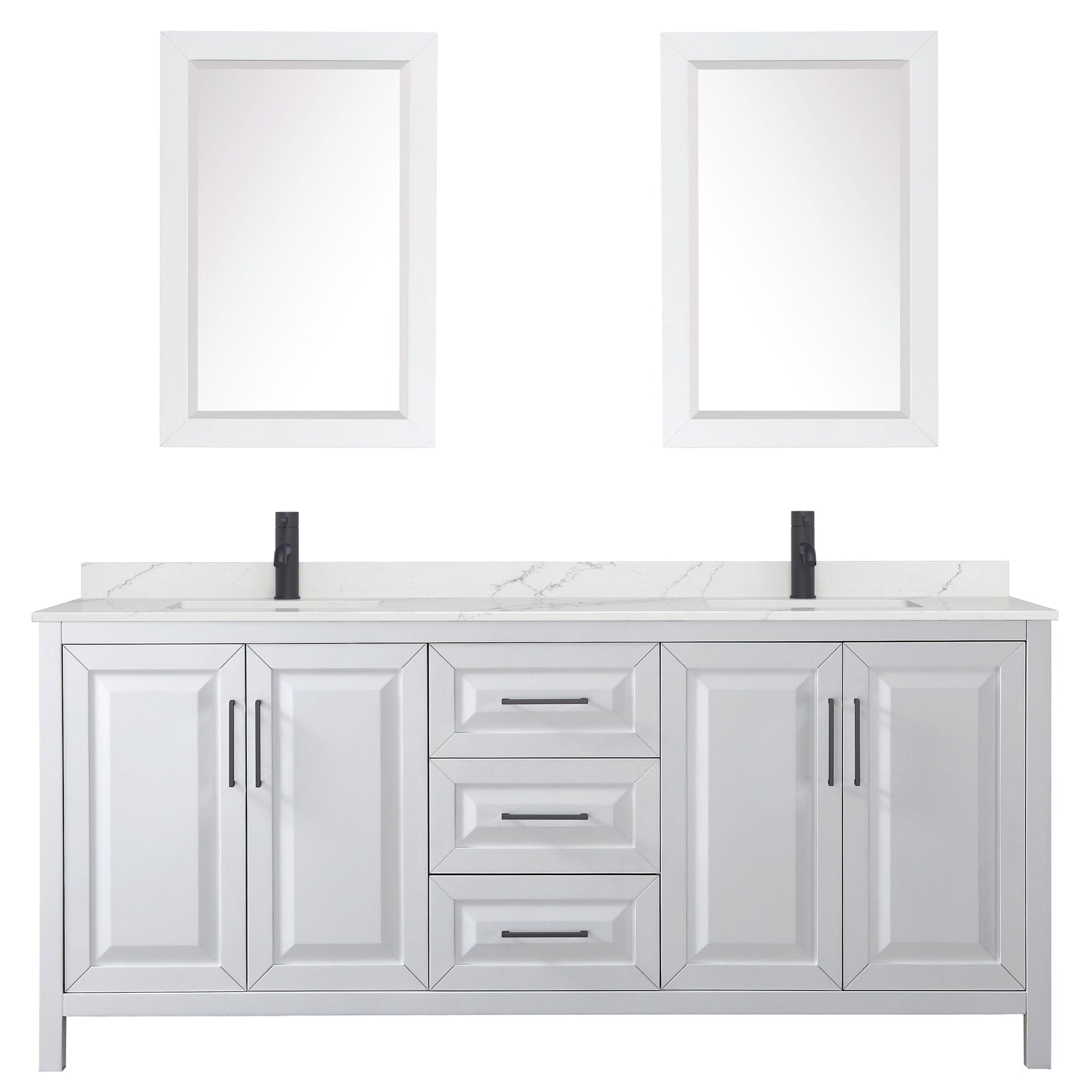 Wyndham Collection Daria 80" Double Bathroom Vanity in White, Giotto Quartz Countertop, Undermount Square Sinks (1-Hole), Matte Black Trim, 24" Mirrors