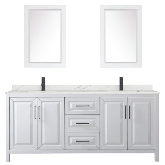 Wyndham Collection Daria 80" Double Bathroom Vanity in White, Giotto Quartz Countertop, Undermount Square Sinks (1-Hole), Matte Black Trim, 24" Mirrors