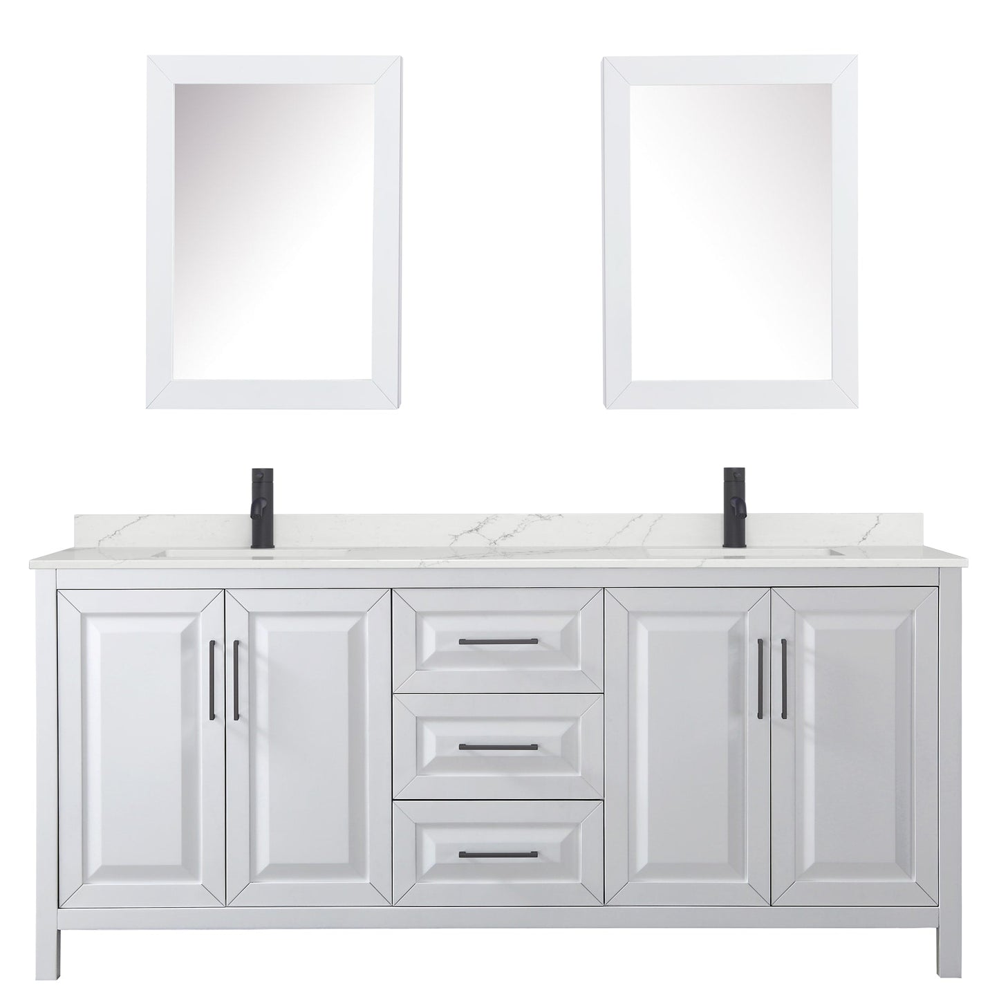 Wyndham Collection Daria 80" Double Bathroom Vanity in White, Giotto Quartz Countertop, Undermount Square Sinks (1-Hole), Matte Black Trim, Medicine Cabinets