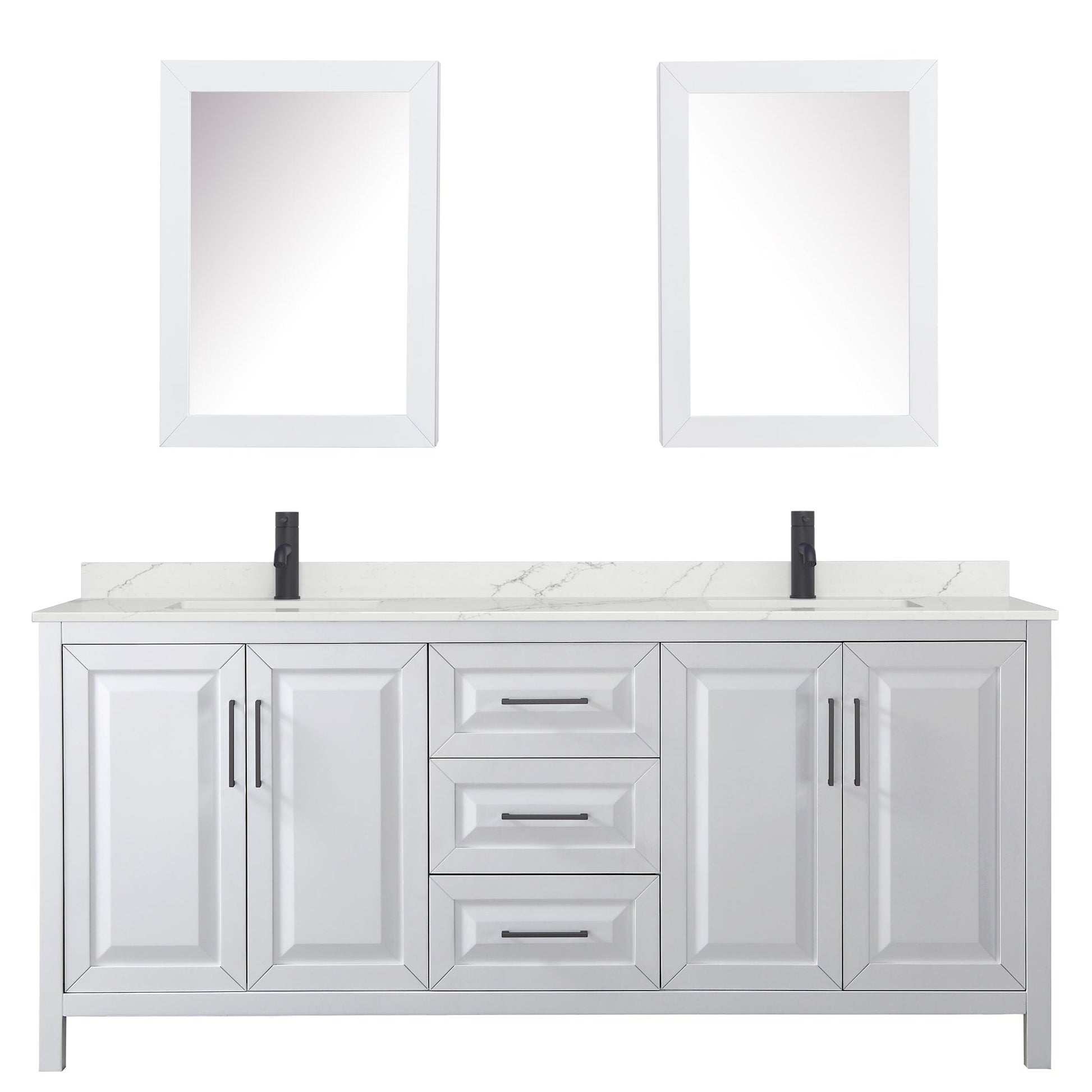Wyndham Collection Daria 80" Double Bathroom Vanity in White, Giotto Quartz Countertop, Undermount Square Sinks (1-Hole), Matte Black Trim, Medicine Cabinets