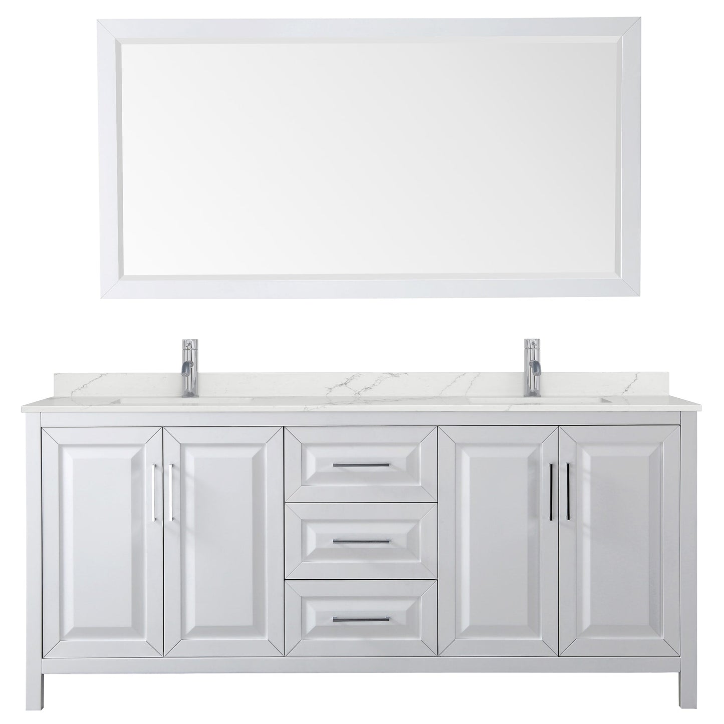 Wyndham Collection Daria 80" Double Bathroom Vanity in White, Giotto Quartz Countertop, Undermount Square Sinks (1-Hole), Polished Chrome Trim, 70" Mirror