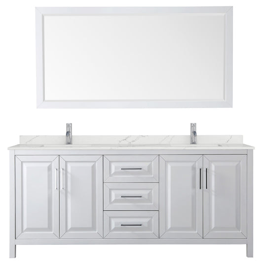 Wyndham Collection Daria 80" Double Bathroom Vanity in White, Giotto Quartz Countertop, Undermount Square Sinks (1-Hole), Polished Chrome Trim, 70" Mirror