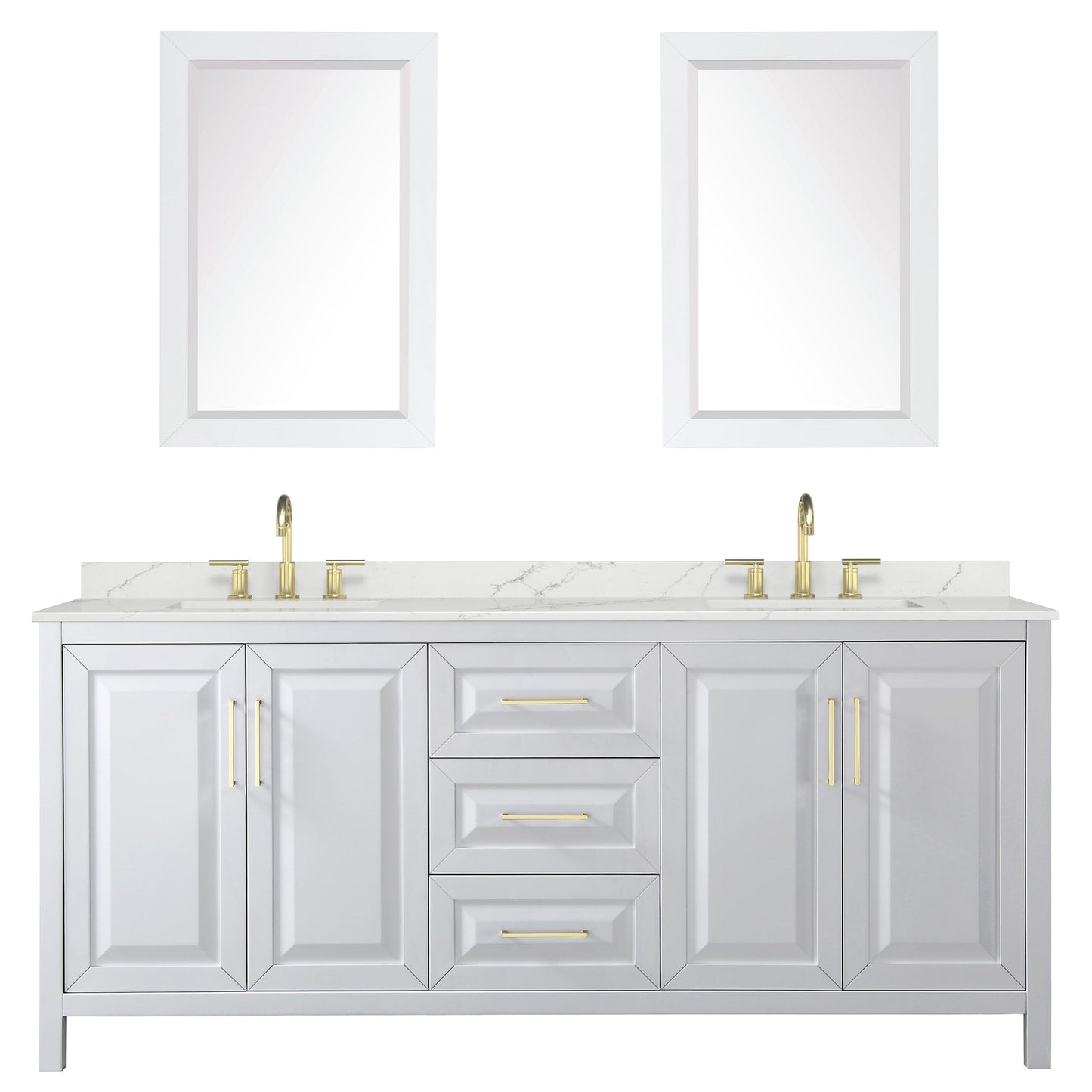 Wyndham Collection Daria 80" Double Bathroom Vanity in White, Giotto Quartz Countertop, Undermount Square Sinks (3-Hole), Brushed Gold Trim, 24" Mirrors