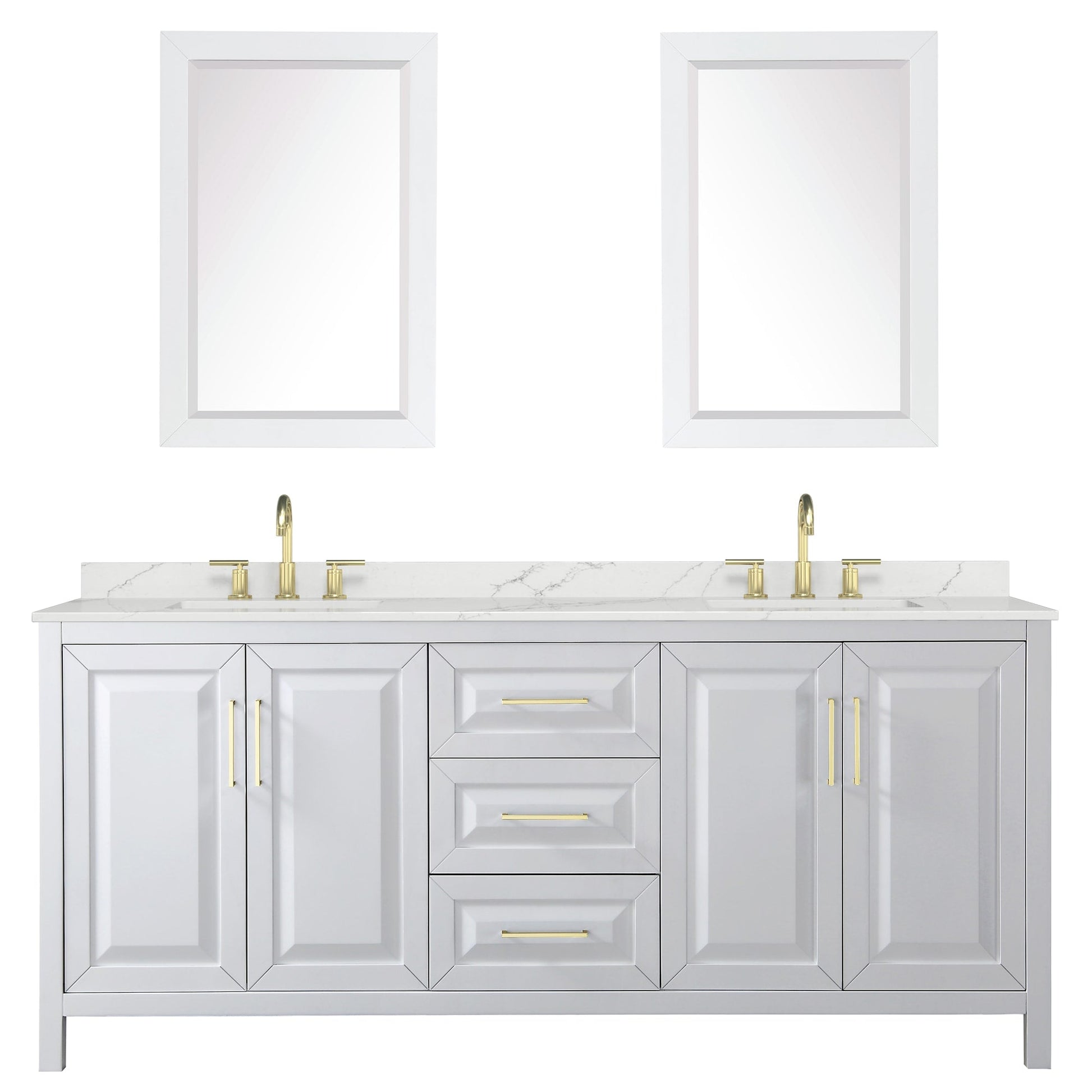 Wyndham Collection Daria 80" Double Bathroom Vanity in White, Giotto Quartz Countertop, Undermount Square Sinks (3-Hole), Brushed Gold Trim, 24" Mirrors