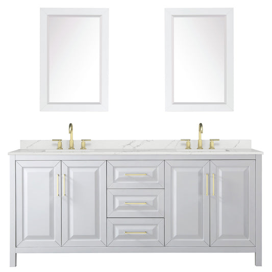 Wyndham Collection Daria 80" Double Bathroom Vanity in White, Giotto Quartz Countertop, Undermount Square Sinks (3-Hole), Brushed Gold Trim, 24" Mirrors