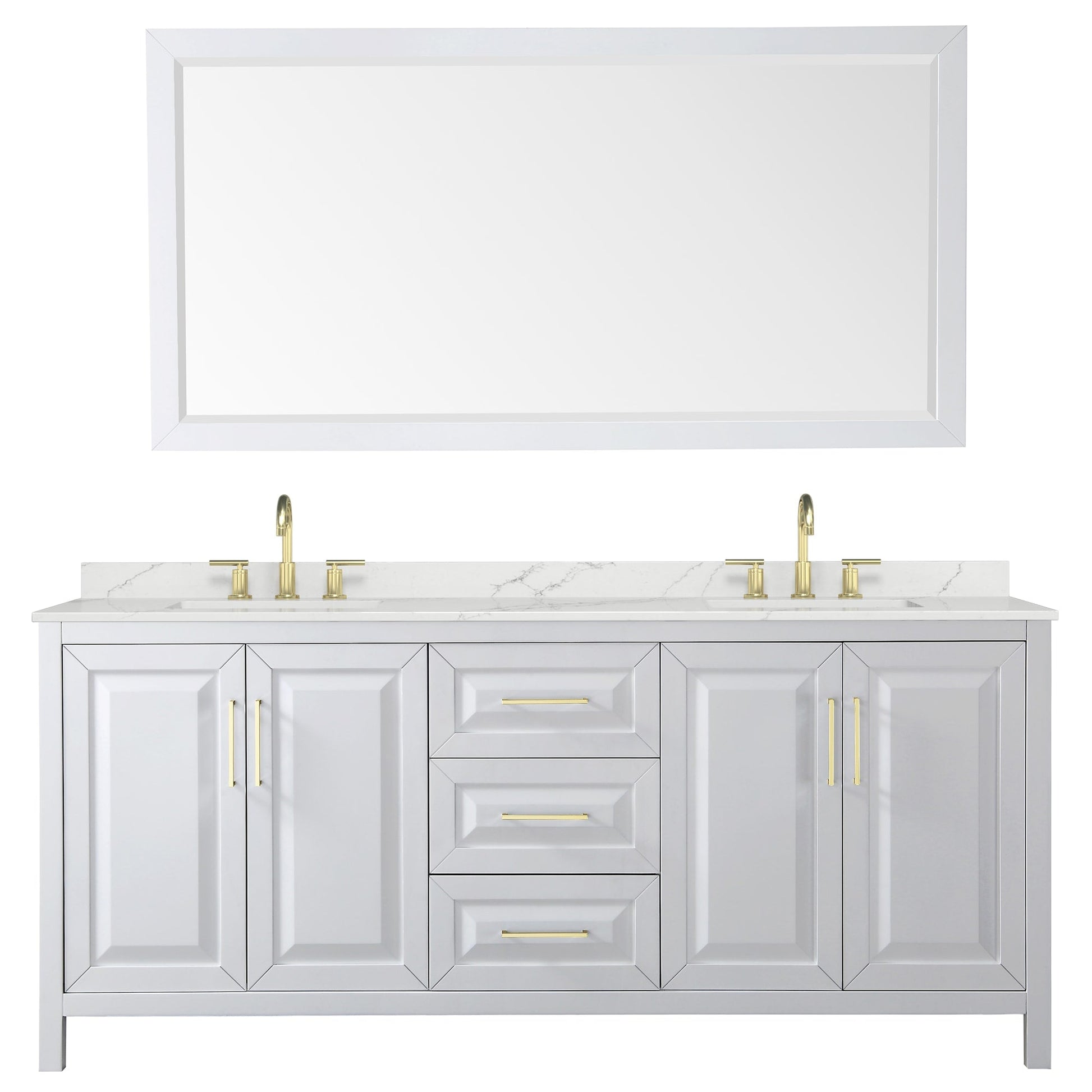 Wyndham Collection Daria 80" Double Bathroom Vanity in White, Giotto Quartz Countertop, Undermount Square Sinks (3-Hole), Brushed Gold Trim, 70" Mirror