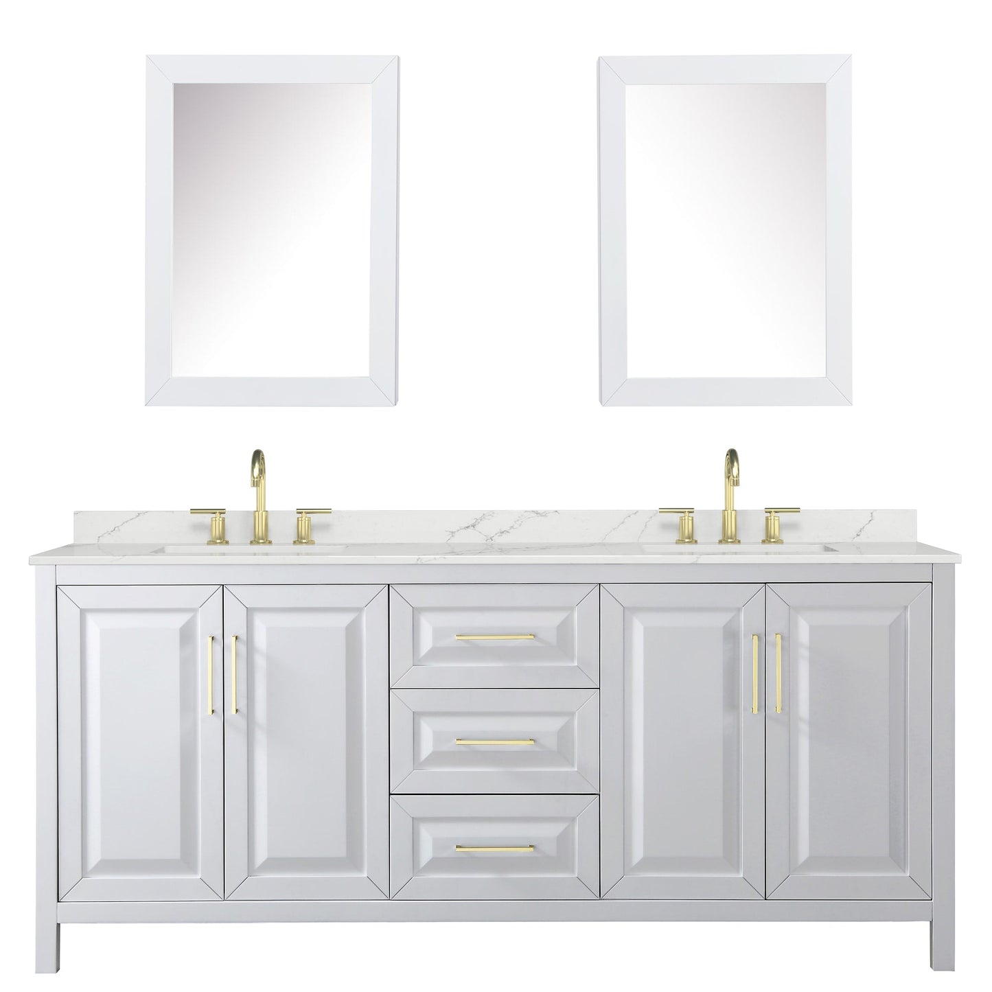 Wyndham Collection Daria 80" Double Bathroom Vanity in White, Giotto Quartz Countertop, Undermount Square Sinks (3-Hole), Brushed Gold Trim, Medicine Cabinets