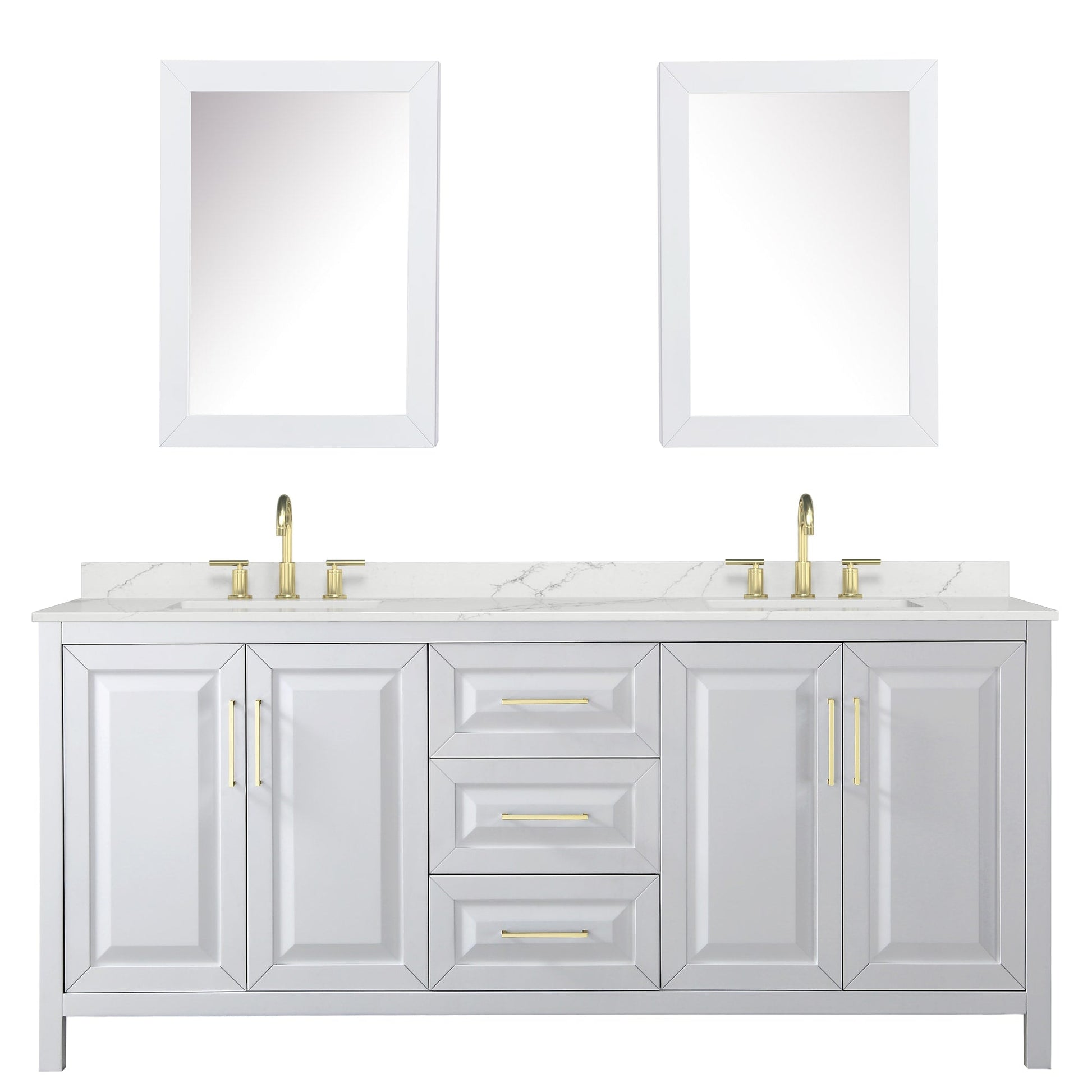 Wyndham Collection Daria 80" Double Bathroom Vanity in White, Giotto Quartz Countertop, Undermount Square Sinks (3-Hole), Brushed Gold Trim, Medicine Cabinets