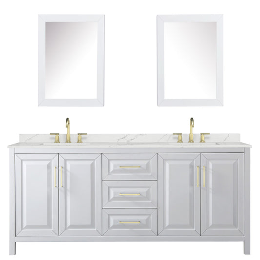 Wyndham Collection Daria 80" Double Bathroom Vanity in White, Giotto Quartz Countertop, Undermount Square Sinks (3-Hole), Brushed Gold Trim, Medicine Cabinets