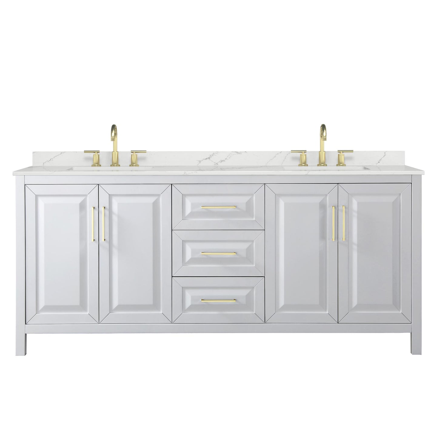 Wyndham Collection Daria 80" Double Bathroom Vanity in White, Giotto Quartz Countertop, Undermount Square Sinks (3-Hole), Brushed Gold Trim