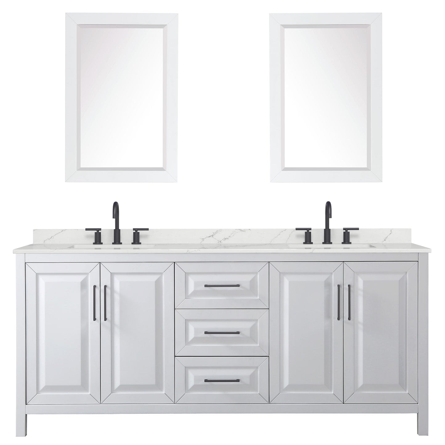 Wyndham Collection Daria 80" Double Bathroom Vanity in White, Giotto Quartz Countertop, Undermount Square Sinks (3-Hole), Matte Black Trim, 24" Mirrors