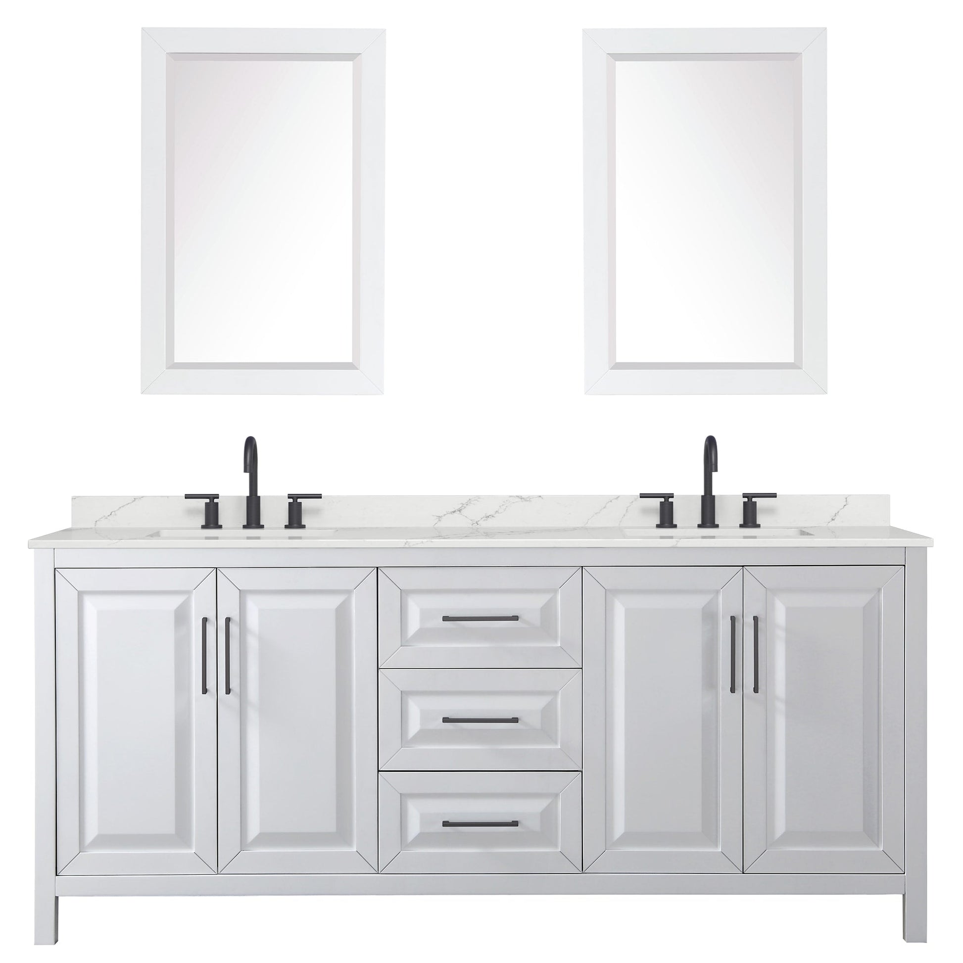 Wyndham Collection Daria 80" Double Bathroom Vanity in White, Giotto Quartz Countertop, Undermount Square Sinks (3-Hole), Matte Black Trim, 24" Mirrors