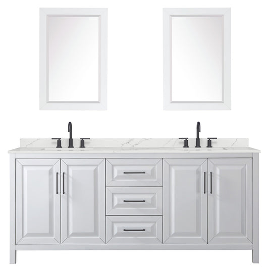 Wyndham Collection Daria 80" Double Bathroom Vanity in White, Giotto Quartz Countertop, Undermount Square Sinks (3-Hole), Matte Black Trim, 24" Mirrors