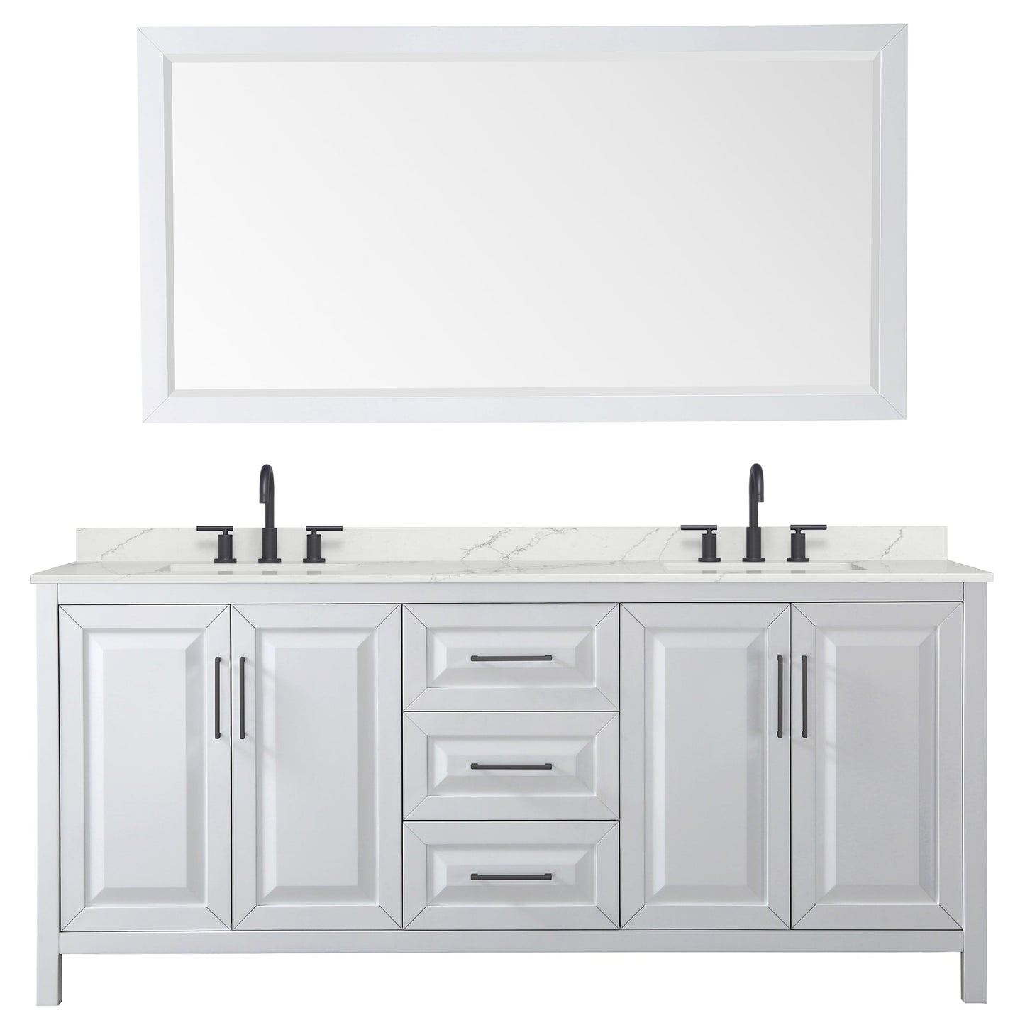Wyndham Collection Daria 80" Double Bathroom Vanity in White, Giotto Quartz Countertop, Undermount Square Sinks (3-Hole), Matte Black Trim, 70" Mirror