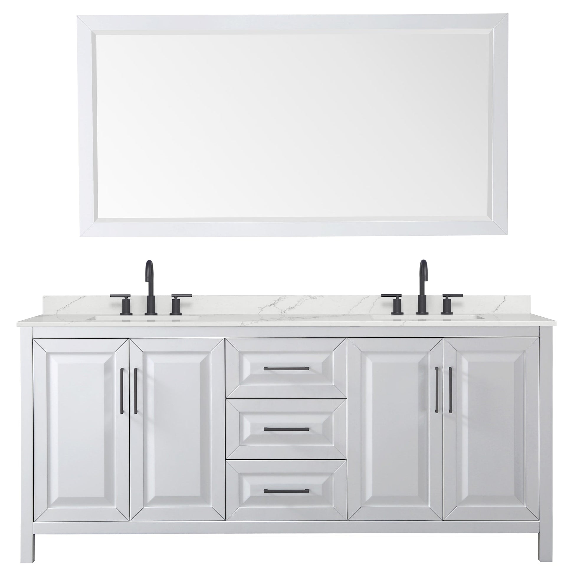 Wyndham Collection Daria 80" Double Bathroom Vanity in White, Giotto Quartz Countertop, Undermount Square Sinks (3-Hole), Matte Black Trim, 70" Mirror