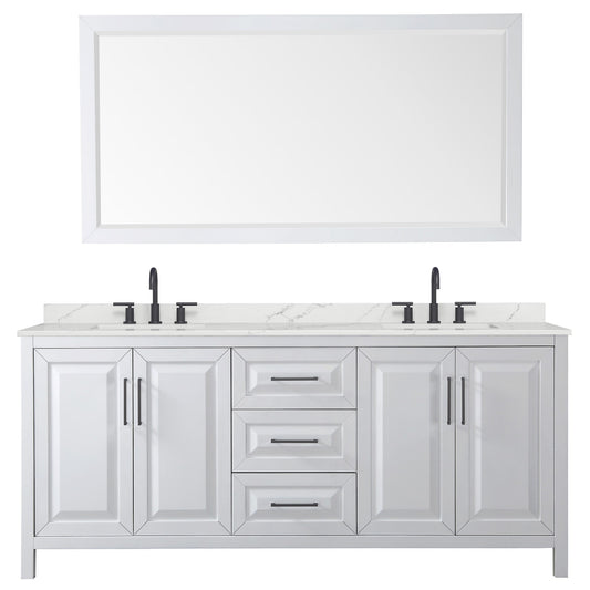 Wyndham Collection Daria 80" Double Bathroom Vanity in White, Giotto Quartz Countertop, Undermount Square Sinks (3-Hole), Matte Black Trim, 70" Mirror