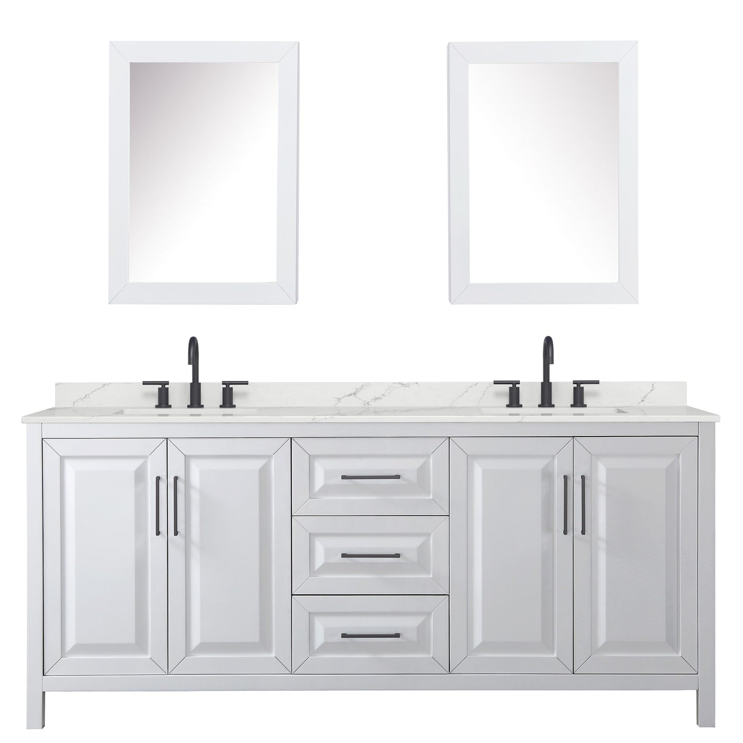 Wyndham Collection Daria 80" Double Bathroom Vanity in White, Giotto Quartz Countertop, Undermount Square Sinks (3-Hole), Matte Black Trim, Medicine Cabinets