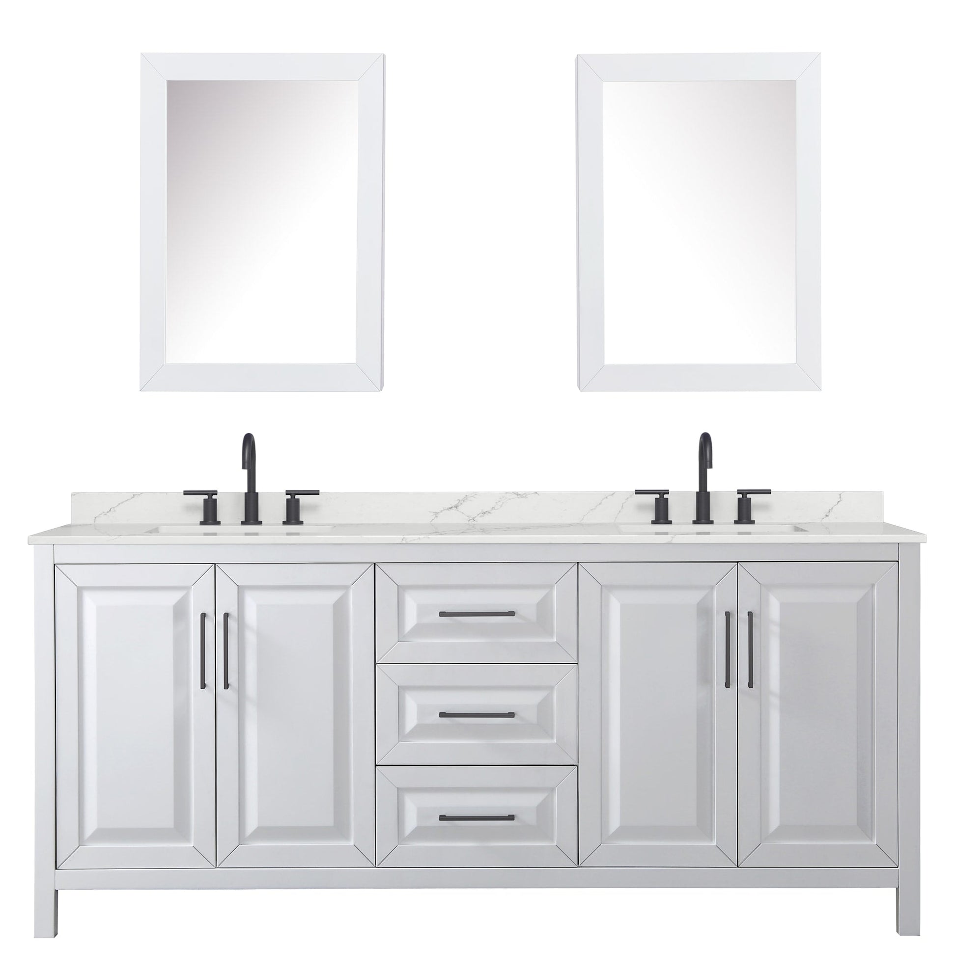 Wyndham Collection Daria 80" Double Bathroom Vanity in White, Giotto Quartz Countertop, Undermount Square Sinks (3-Hole), Matte Black Trim, Medicine Cabinets