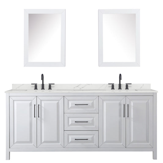 Wyndham Collection Daria 80" Double Bathroom Vanity in White, Giotto Quartz Countertop, Undermount Square Sinks (3-Hole), Matte Black Trim, Medicine Cabinets