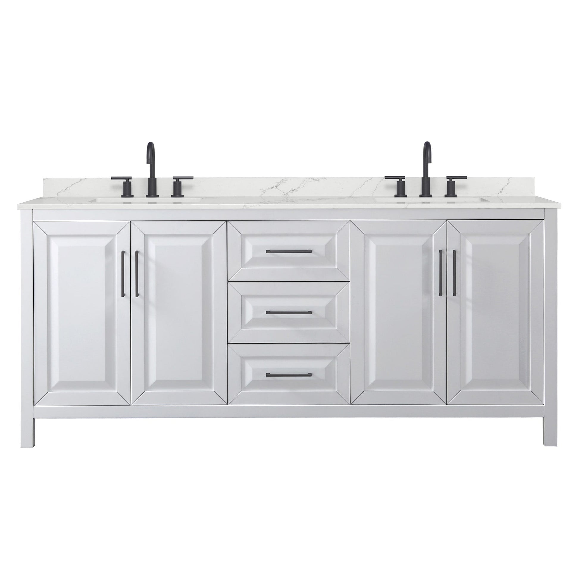 Wyndham Collection Daria 80" Double Bathroom Vanity in White, Giotto Quartz Countertop, Undermount Square Sinks (3-Hole), Matte Black Trim