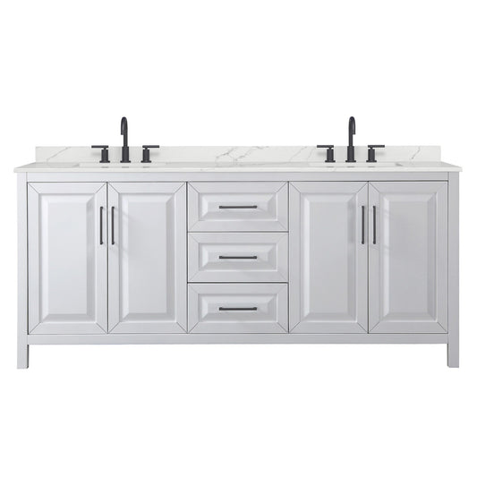 Wyndham Collection Daria 80" Double Bathroom Vanity in White, Giotto Quartz Countertop, Undermount Square Sinks (3-Hole), Matte Black Trim