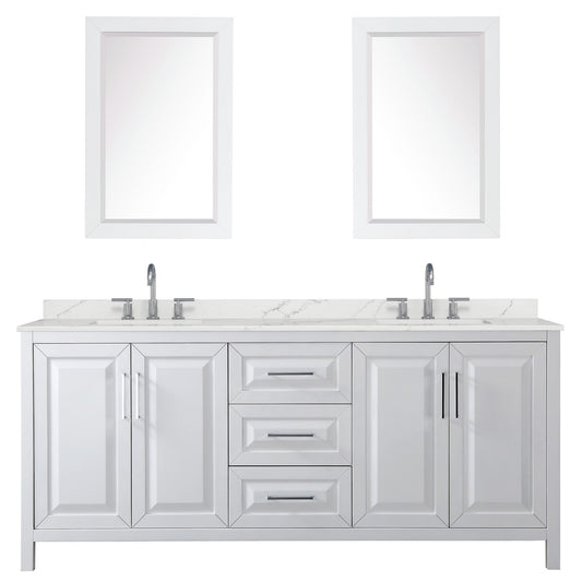 Wyndham Collection Daria 80" Double Bathroom Vanity in White, Giotto Quartz Countertop, Undermount Square Sinks (3-Hole), Polished Chrome Trim, 24" Mirrors