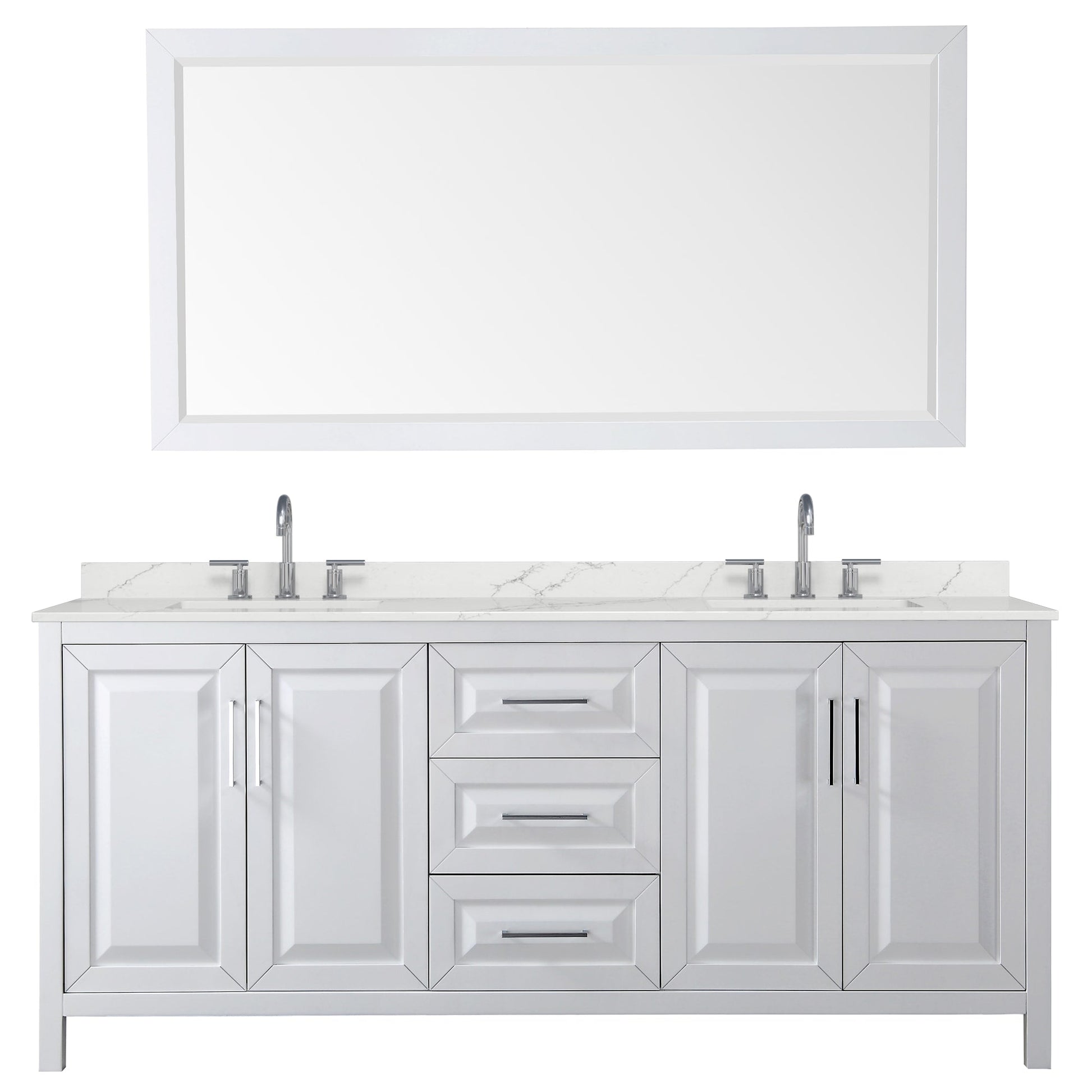 Wyndham Collection Daria 80" Double Bathroom Vanity in White, Giotto Quartz Countertop, Undermount Square Sinks (3-Hole), Polished Chrome Trim, 70" Mirror