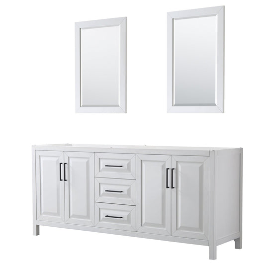 Wyndham Collection Daria 80" Double Bathroom Vanity in White, No Countertop, No Sink, Matte Black Trim, 24" Mirrors
