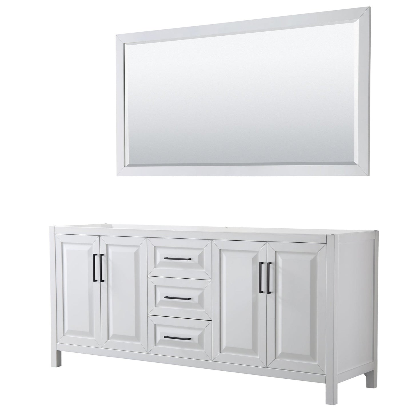 Wyndham Collection Daria 80" Double Bathroom Vanity in White, No Countertop, No Sink, Matte Black Trim, 70" Mirror