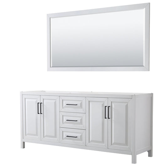 Wyndham Collection Daria 80" Double Bathroom Vanity in White, No Countertop, No Sink, Matte Black Trim, 70" Mirror