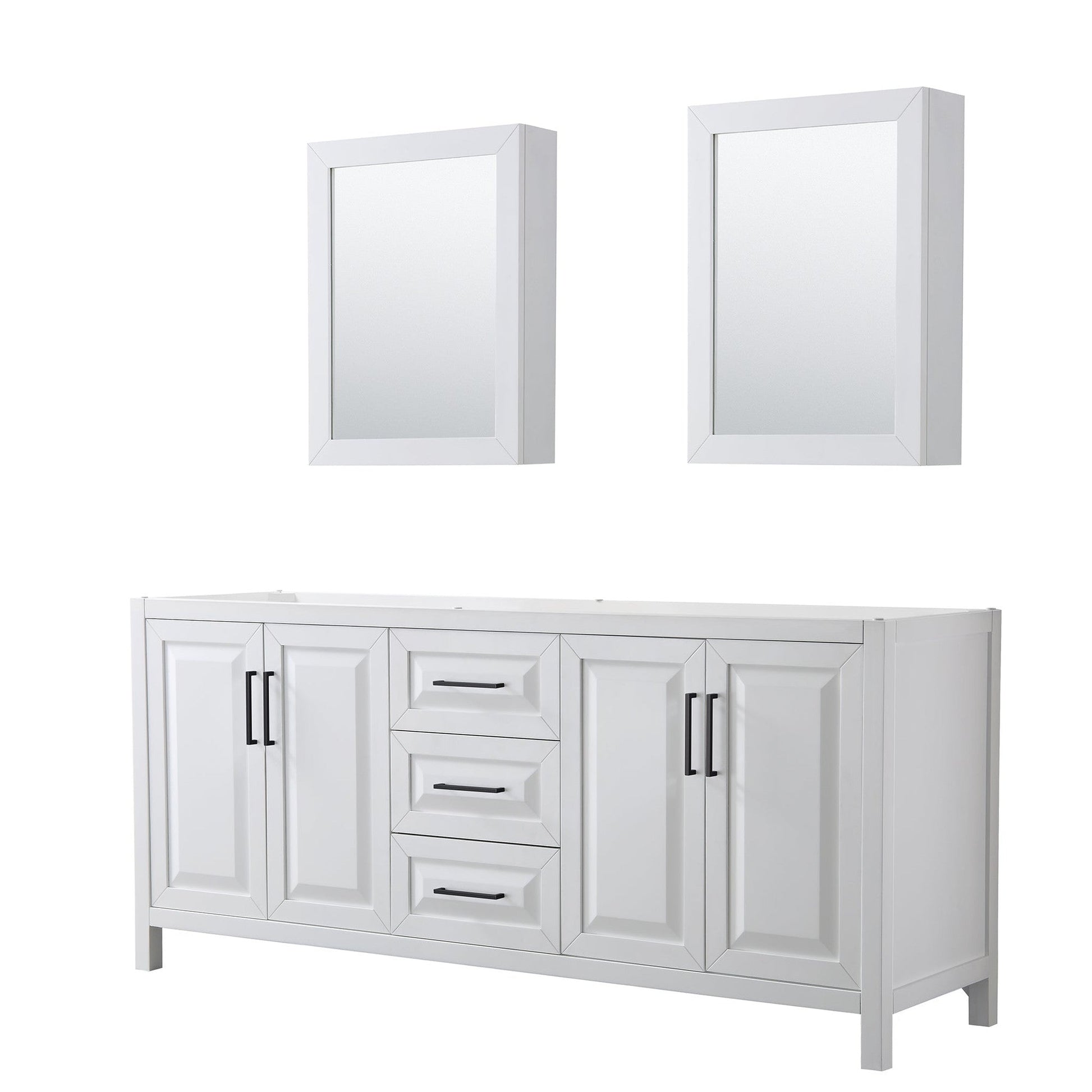 Wyndham Collection Daria 80" Double Bathroom Vanity in White, No Countertop, No Sink, Matte Black Trim, Medicine Cabinets