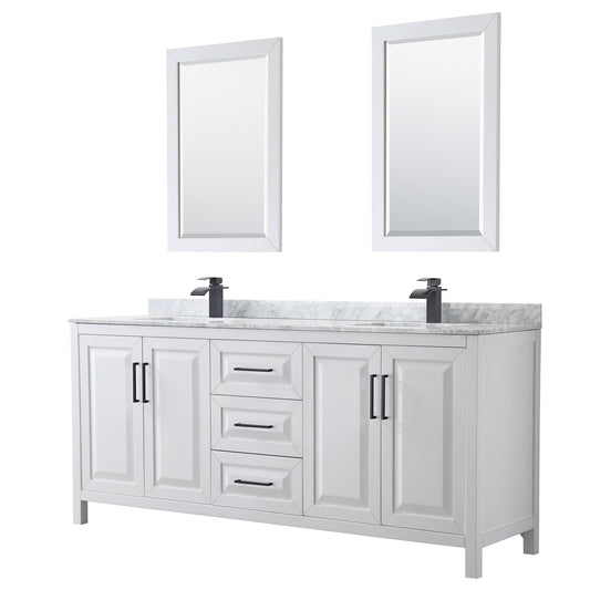 Wyndham Collection Daria 80" Double Bathroom Vanity in White, White Carrara Marble Countertop, Undermount Square Sinks, Matte Black Trim, 24" Mirrors