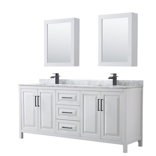 Wyndham Collection Daria 80" Double Bathroom Vanity in White, White Carrara Marble Countertop, Undermount Square Sinks, Matte Black Trim, Medicine Cabinets