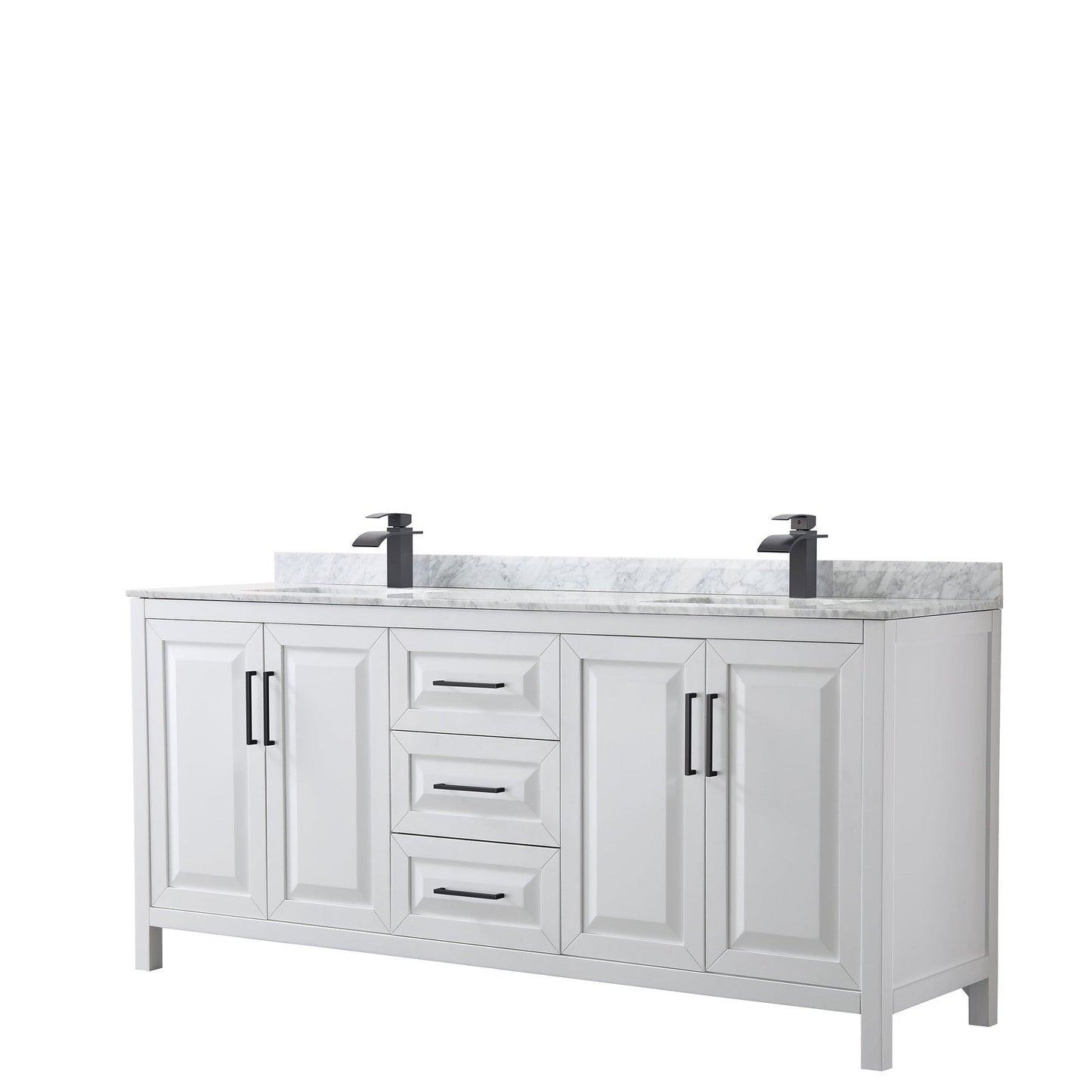 Wyndham Collection Daria 80" Double Bathroom Vanity in White, White Carrara Marble Countertop, Undermount Square Sinks, Matte Black Trim