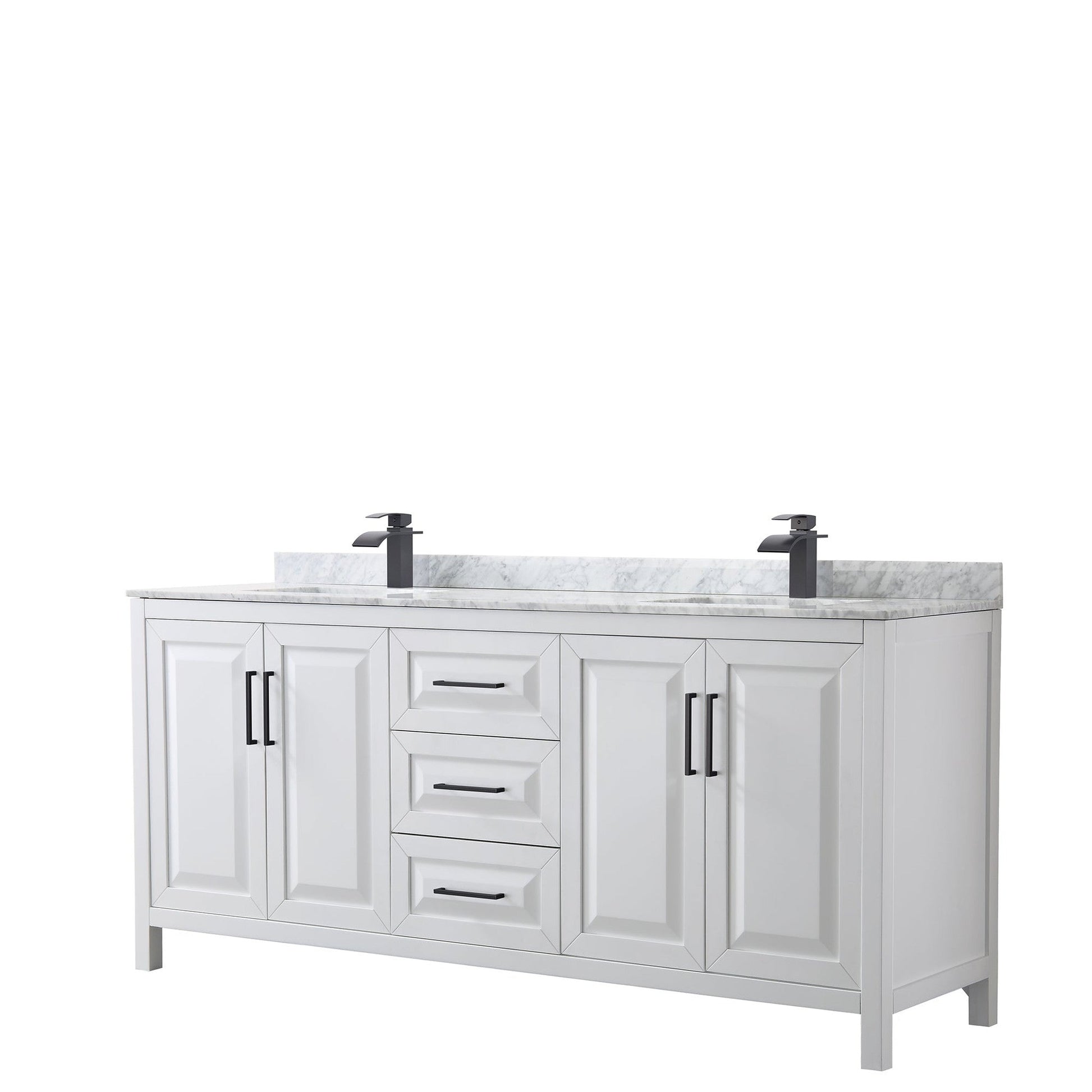 Wyndham Collection Daria 80" Double Bathroom Vanity in White, White Carrara Marble Countertop, Undermount Square Sinks, Matte Black Trim