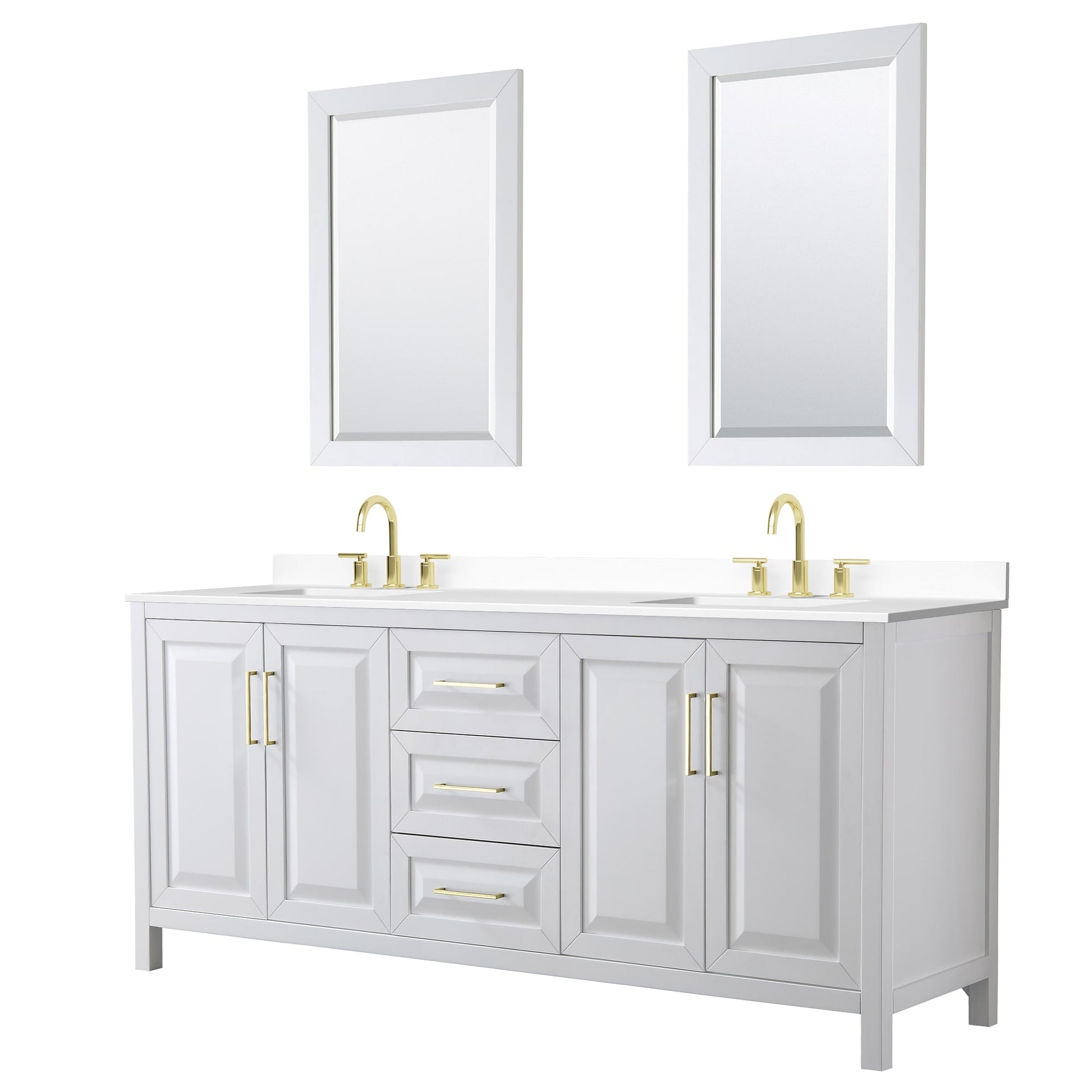 Wyndham Collection Daria 80" Double Bathroom Vanity in White, White Cultured Marble Countertop, Undermount Square Sinks (3-Hole), 24" Mirrors, Brushed Gold Trim