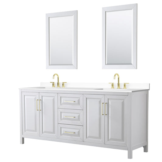 Wyndham Collection Daria 80" Double Bathroom Vanity in White, White Cultured Marble Countertop, Undermount Square Sinks (3-Hole), 24" Mirrors, Brushed Gold Trim