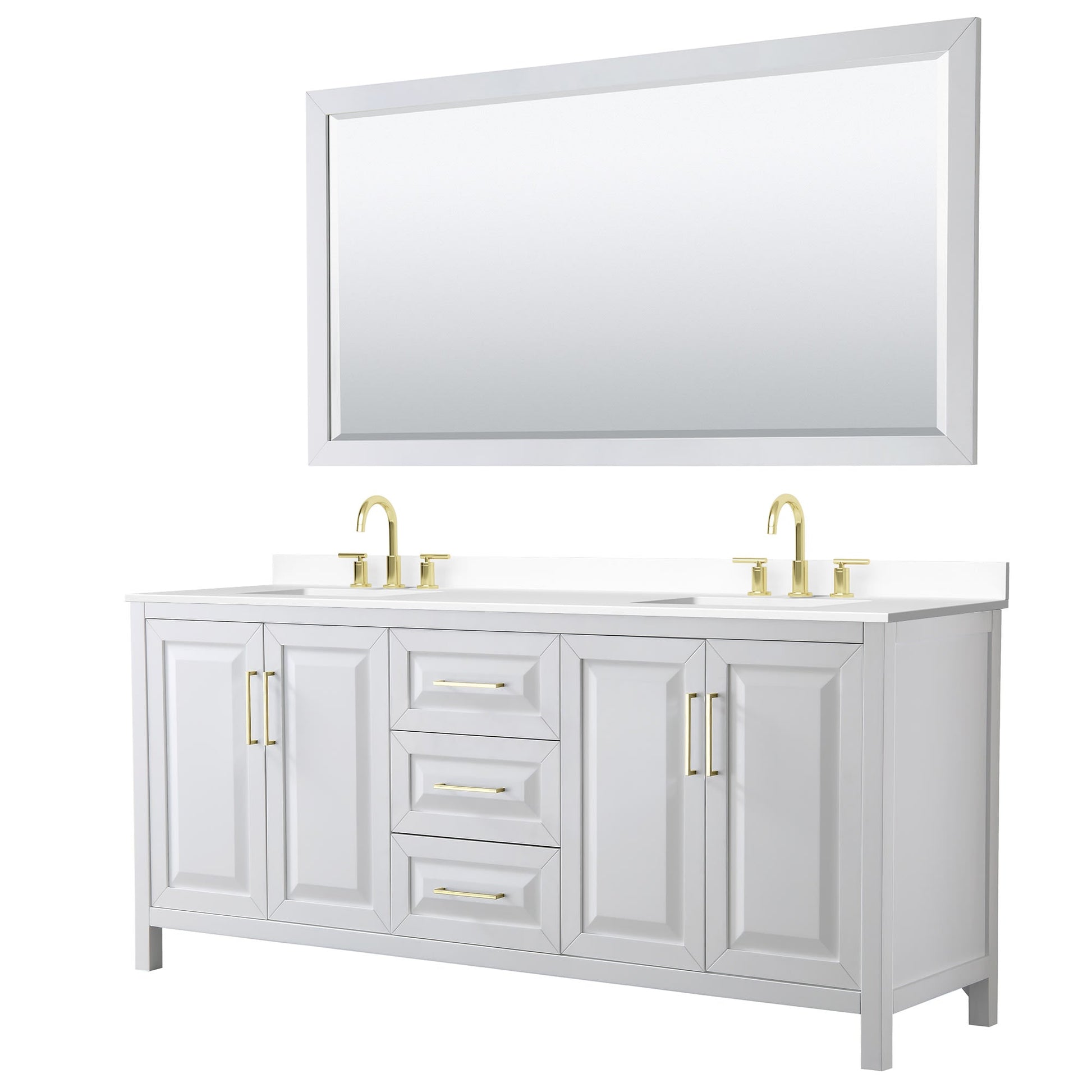 Wyndham Collection Daria 80" Double Bathroom Vanity in White, White Cultured Marble Countertop, Undermount Square Sinks (3-Hole), 70" Mirror, Brushed Gold Trim