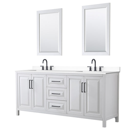 Wyndham Collection Daria 80" Double Bathroom Vanity in White, White Cultured Marble Countertop, Undermount Square Sinks (3-Hole), Matte Black Trim, 24" Mirrors