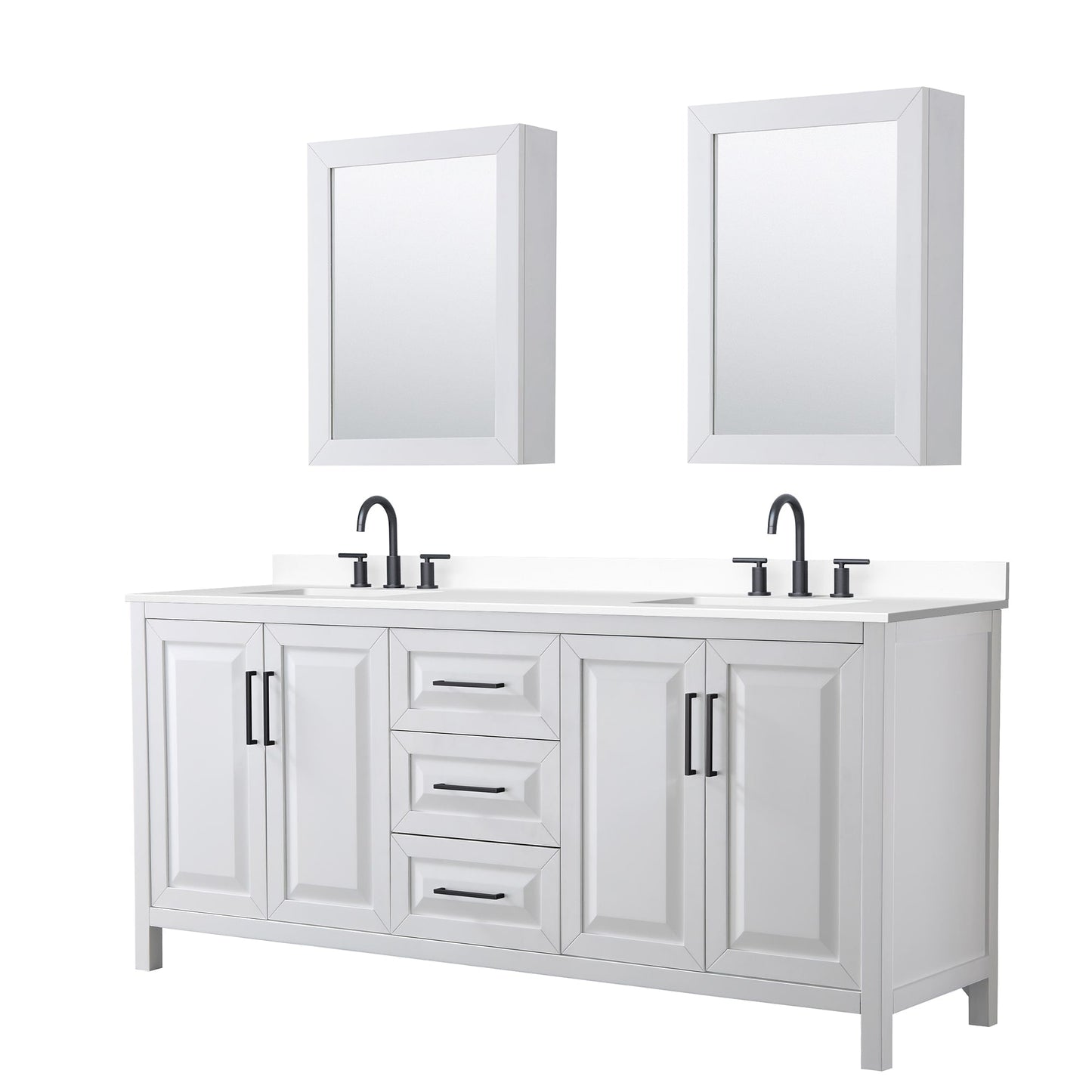Wyndham Collection Daria 80" Double Bathroom Vanity in White, White Cultured Marble Countertop, Undermount Square Sinks (3-Hole), Matte Black Trim, Medicine Cabinets