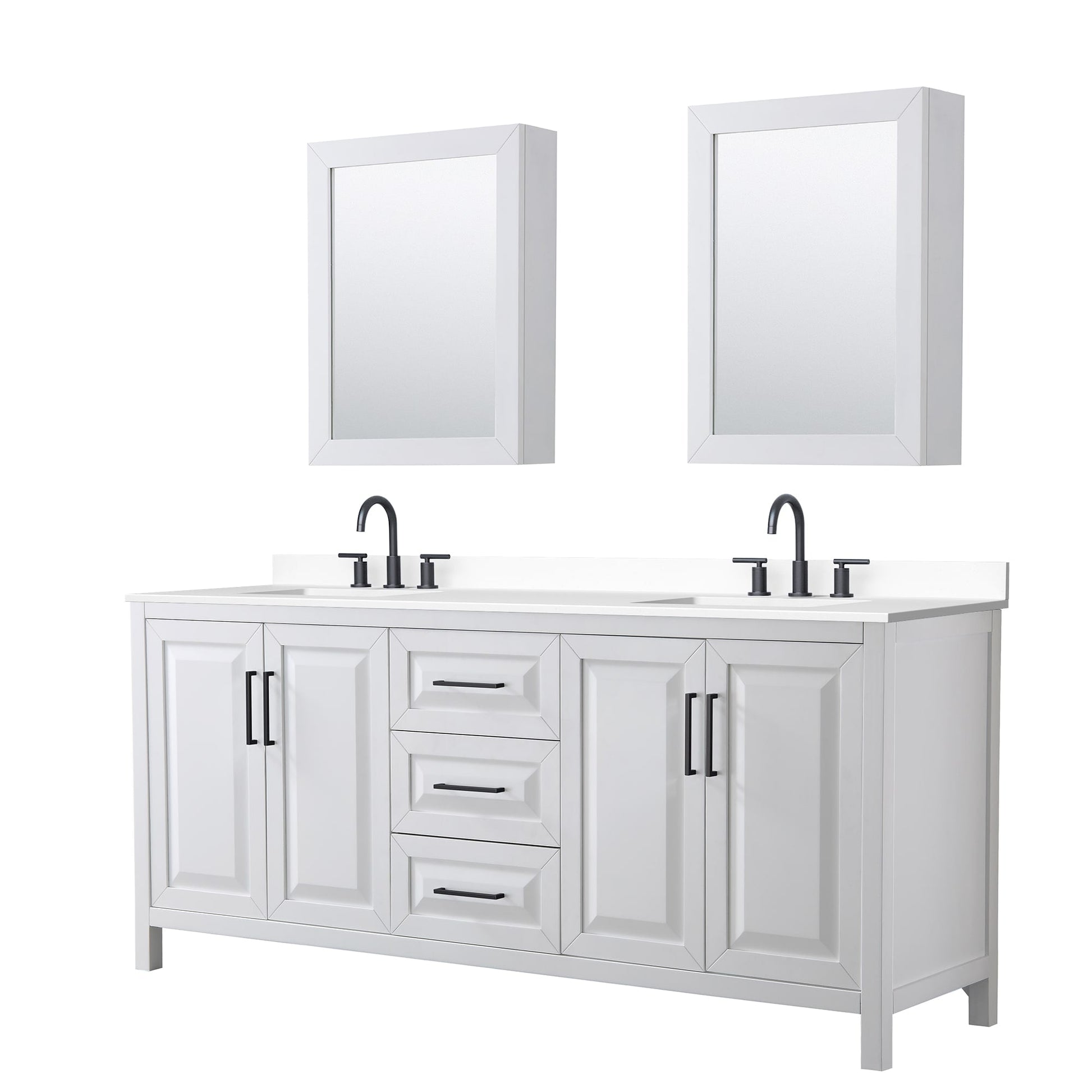 Wyndham Collection Daria 80" Double Bathroom Vanity in White, White Cultured Marble Countertop, Undermount Square Sinks (3-Hole), Matte Black Trim, Medicine Cabinets