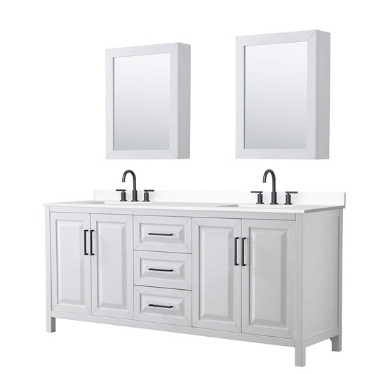Wyndham Collection Daria 80" Double Bathroom Vanity in White, White Cultured Marble Countertop, Undermount Square Sinks (3-Hole), Matte Black Trim, Medicine Cabinets