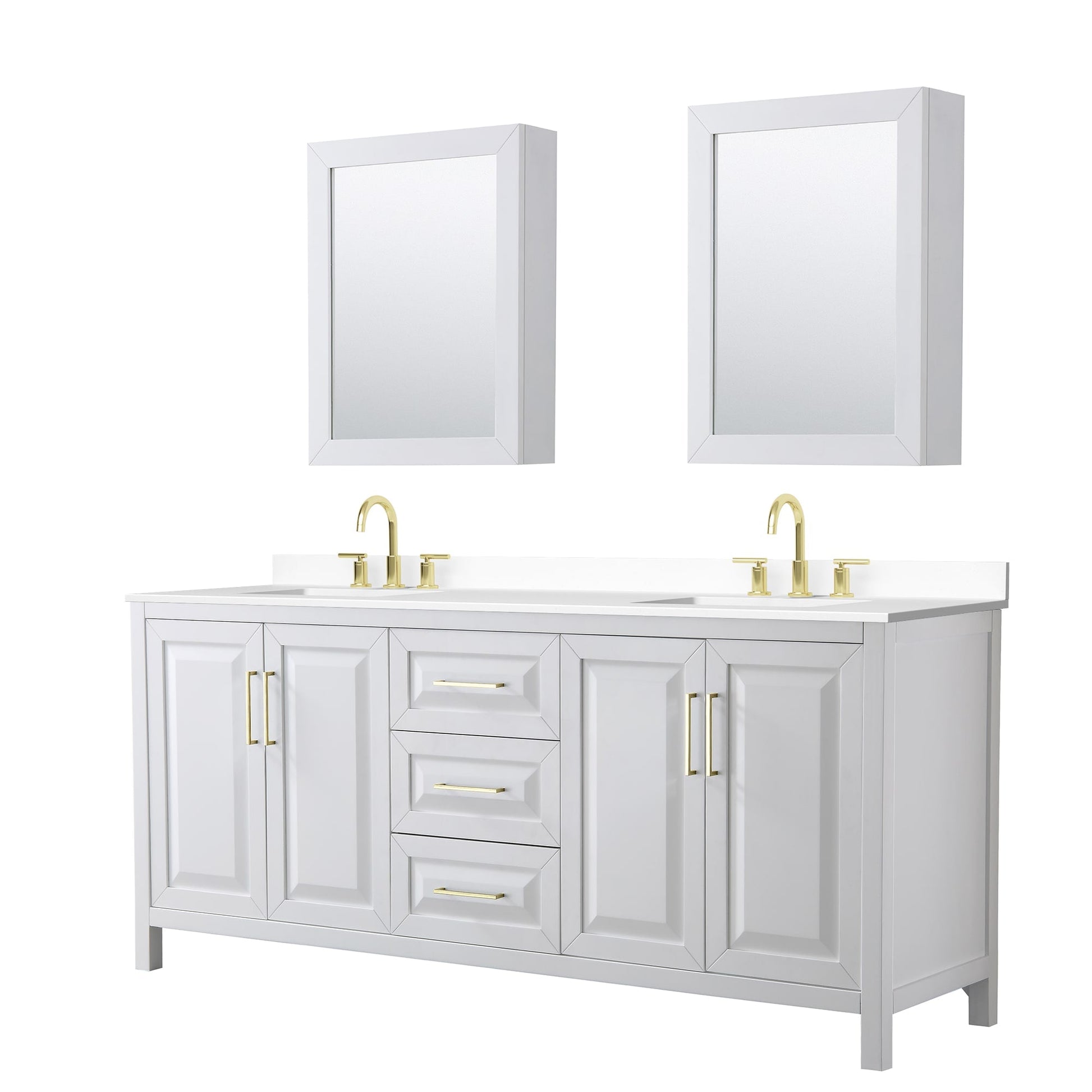 Wyndham Collection Daria 80" Double Bathroom Vanity in White, White Cultured Marble Countertop, Undermount Square Sinks (3-Hole), Medicine Cabinets, Brushed Gold Trim