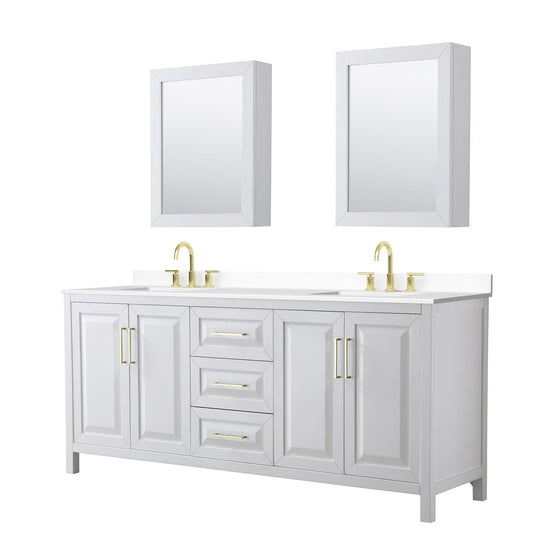 Wyndham Collection Daria 80" Double Bathroom Vanity in White, White Cultured Marble Countertop, Undermount Square Sinks (3-Hole), Medicine Cabinets, Brushed Gold Trim