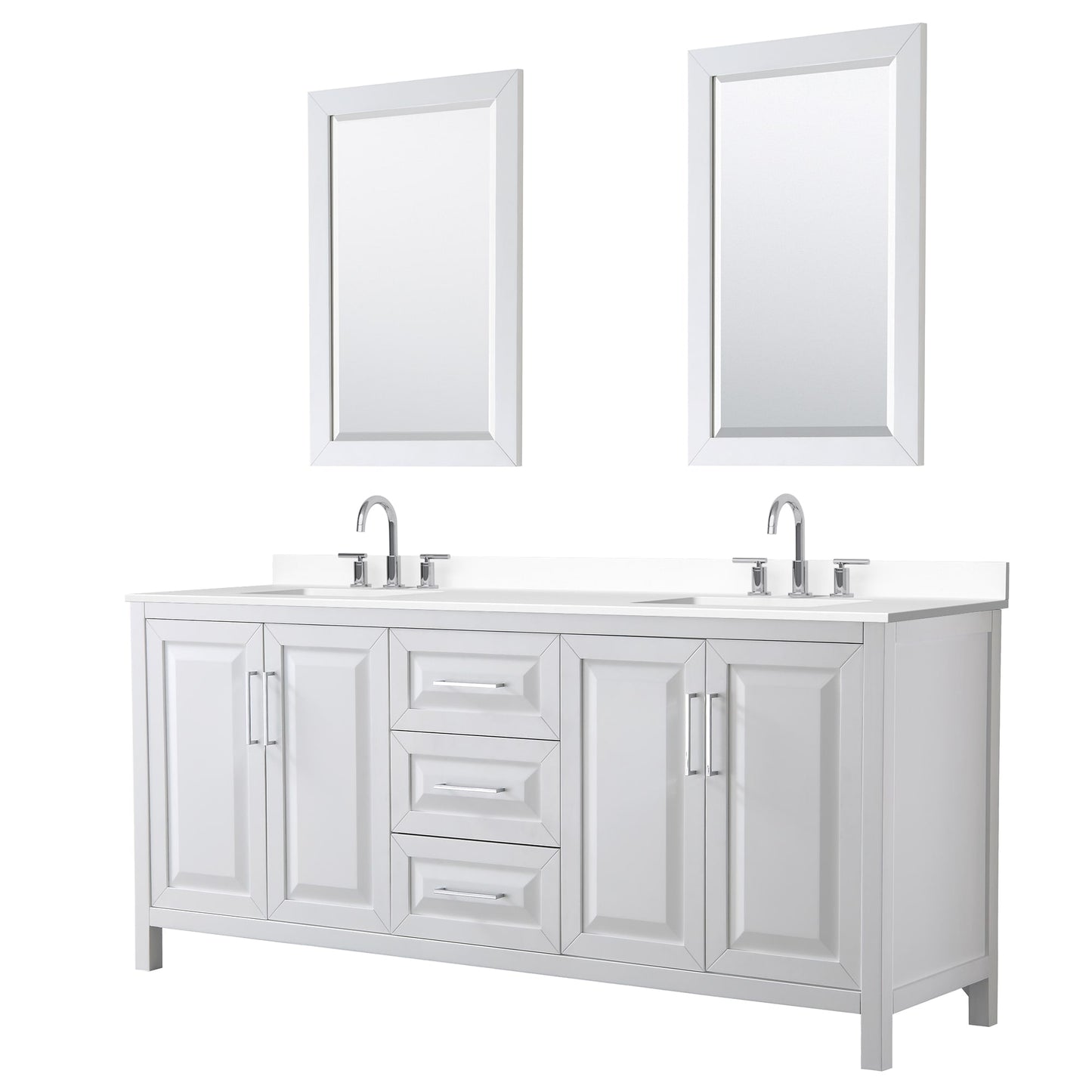 Wyndham Collection Daria 80" Double Bathroom Vanity in White, White Cultured Marble Countertop, Undermount Square Sinks (3-Hole), Polished Chrome Trim, 24" Mirrors