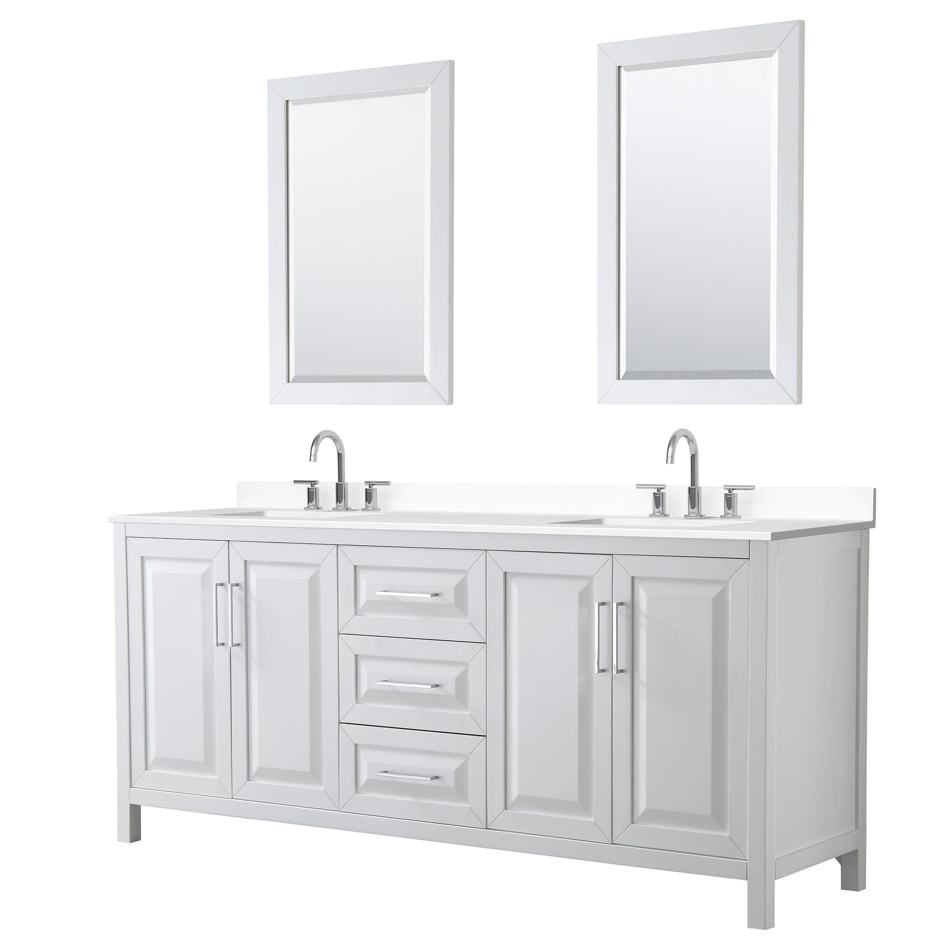Wyndham Collection Daria 80" Double Bathroom Vanity in White, White Cultured Marble Countertop, Undermount Square Sinks (3-Hole), Polished Chrome Trim, 24" Mirrors
